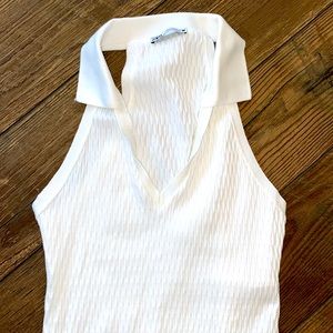 Zara Sleeveless Polo Top, White Ribbed